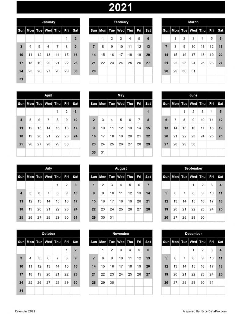 Download 2021 Yearly Calendar (Sun Start) Excel Template ...
