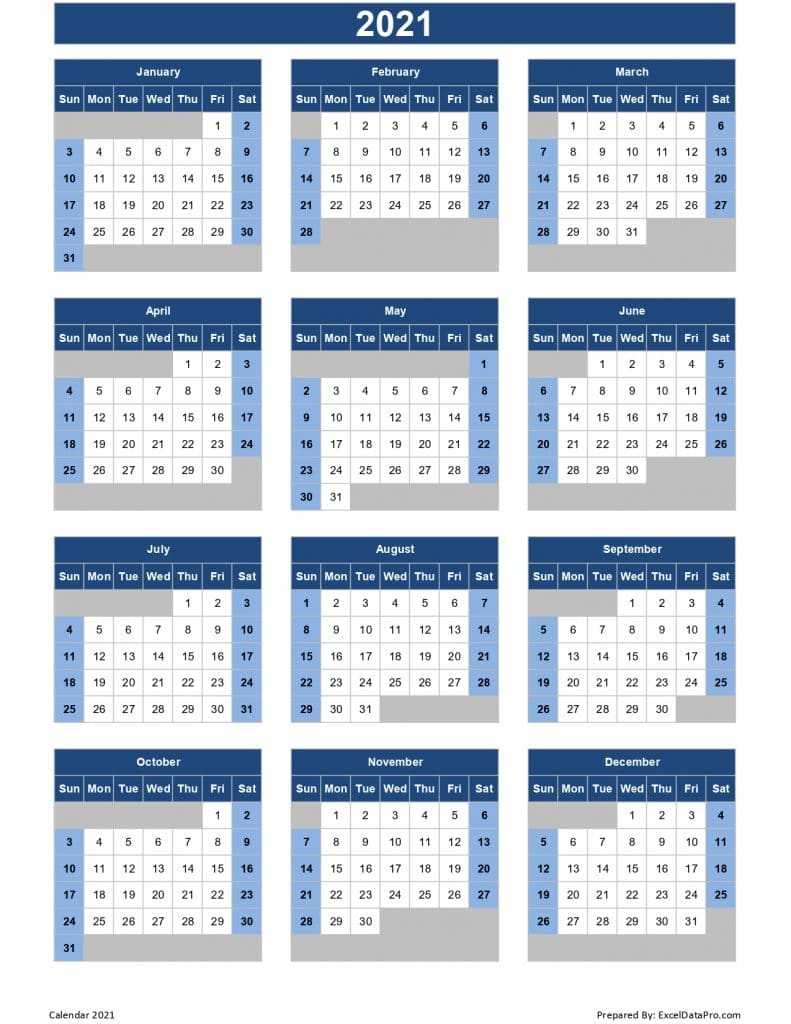 Download 2021 Yearly Calendar (Sun Start) Excel Template - ExcelDataPro