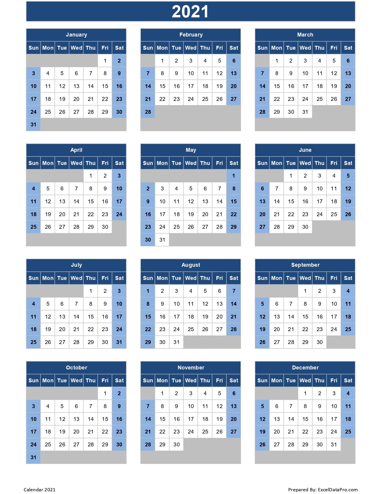 Calendar 2021 Excel Templates, Printable PDFs & Images ...