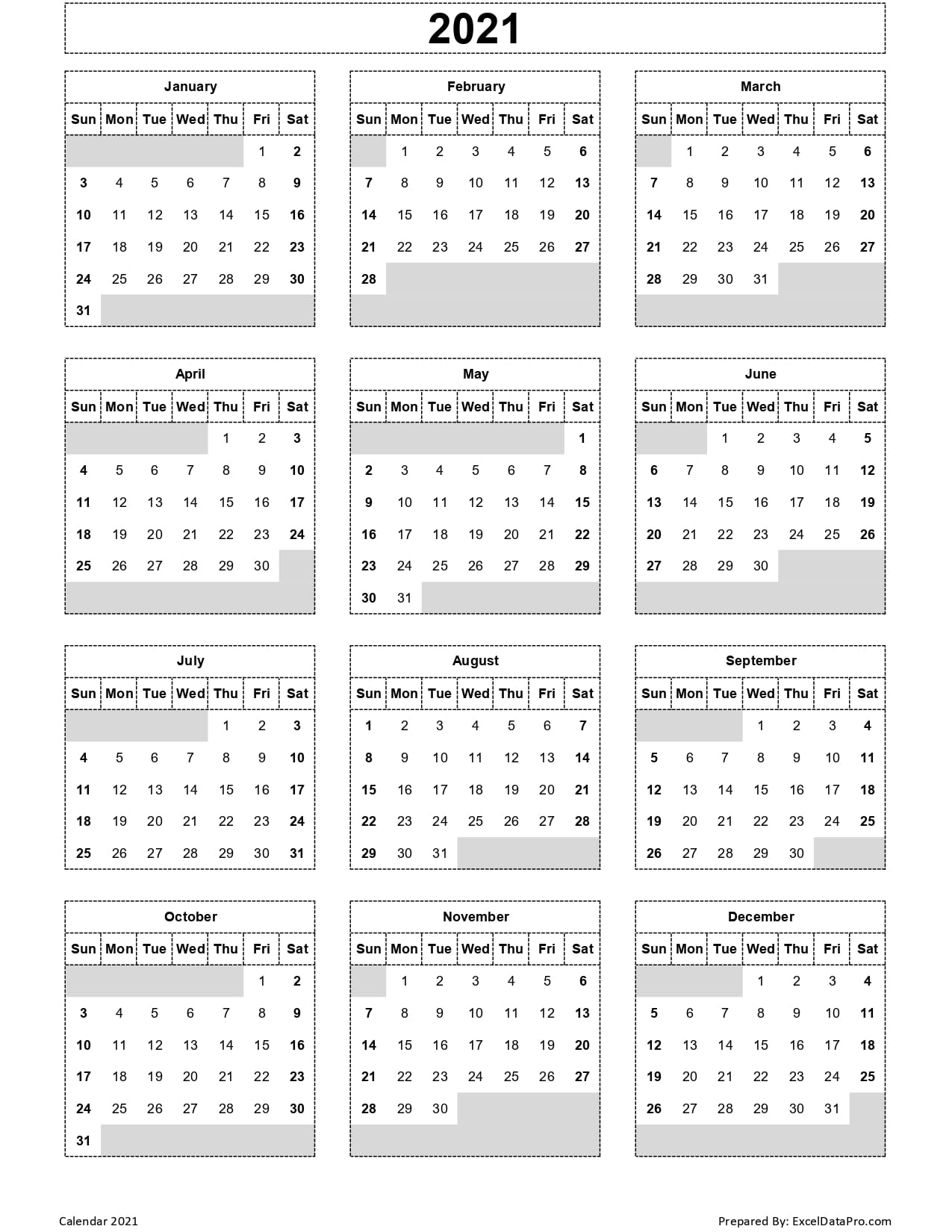 Calendar 2021 Excel Templates Printable Pdfs And Images Exceldatapro