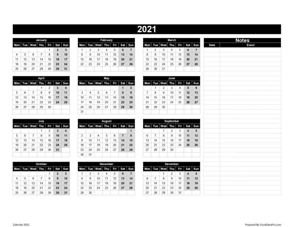 Calendar 2021 With Notes (Mon Start)