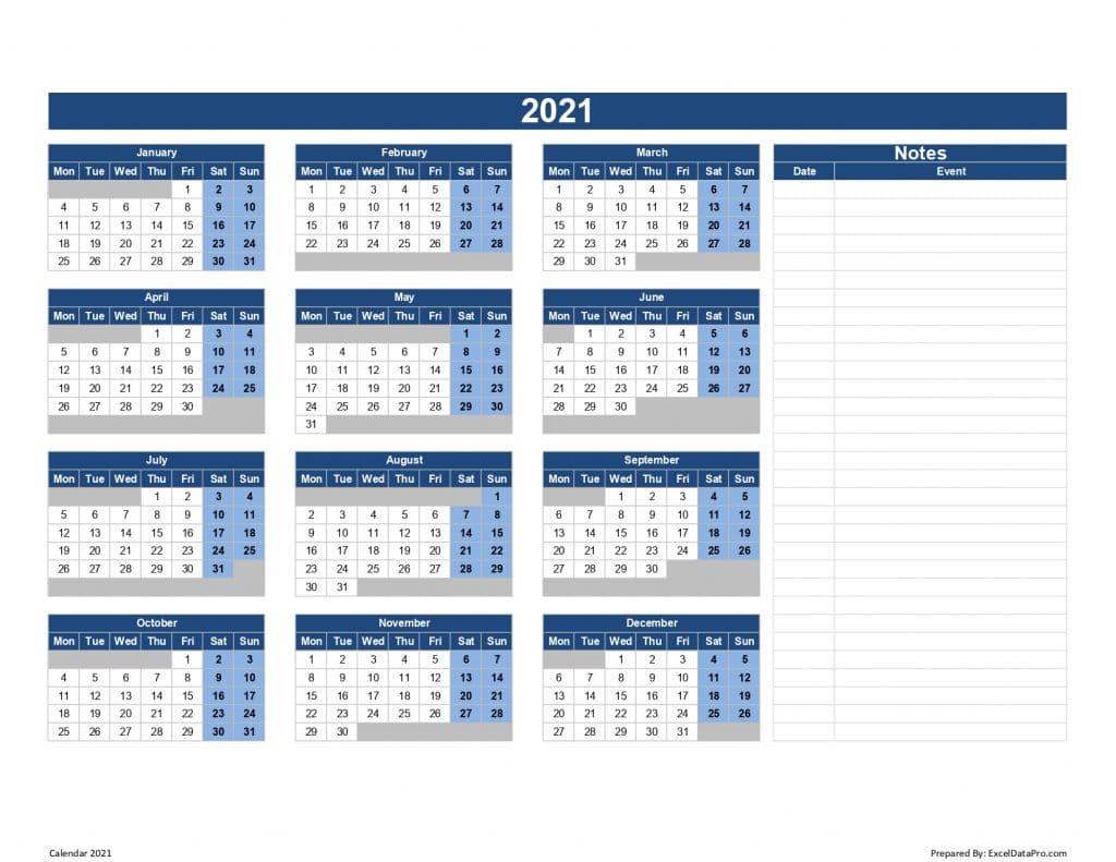 Download 2021 Yearly Calendar (Mon Start) Excel Template ExcelDataPro