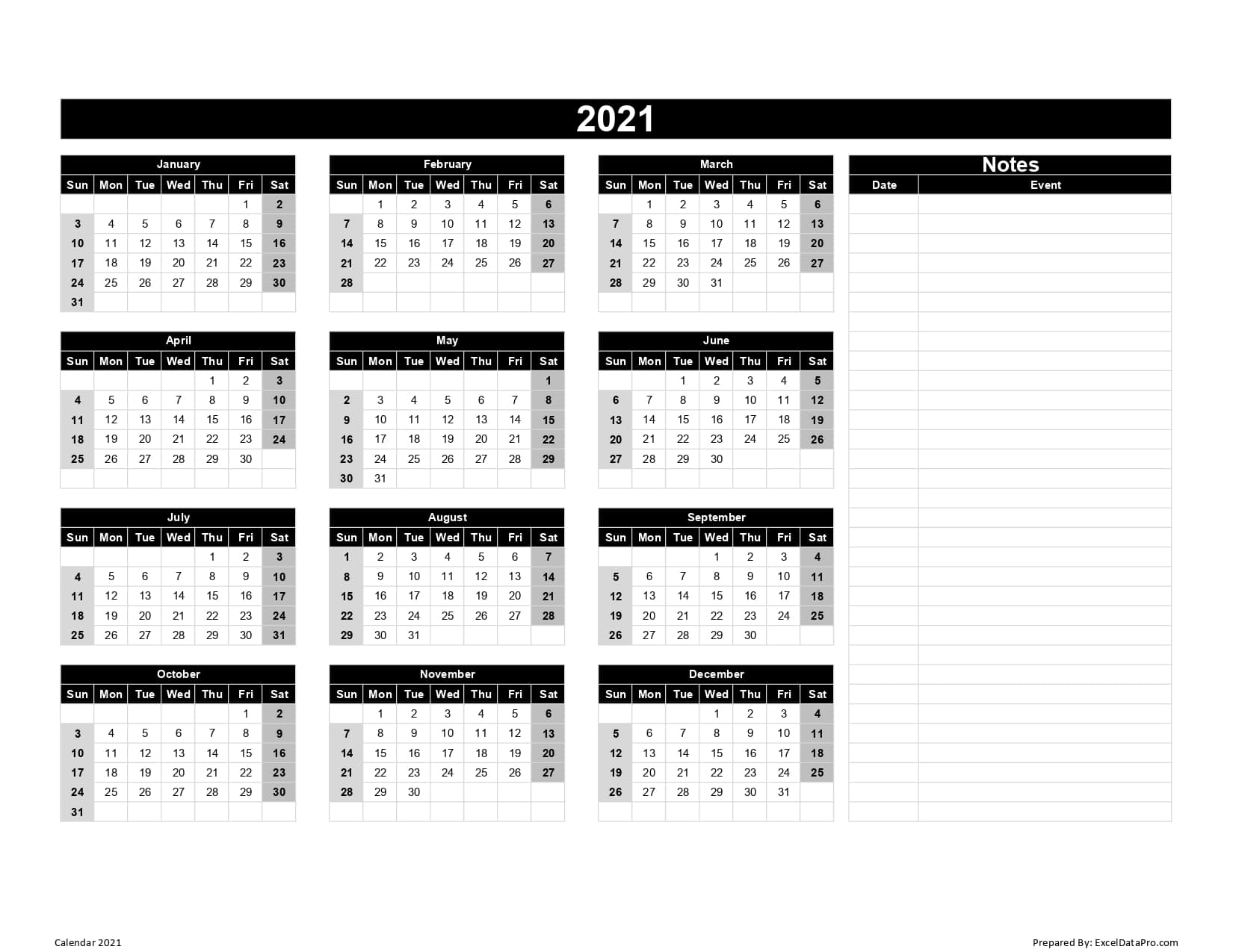 Calendar 2021 Excel Templates, Printable PDFs & Images - ExcelDataPro