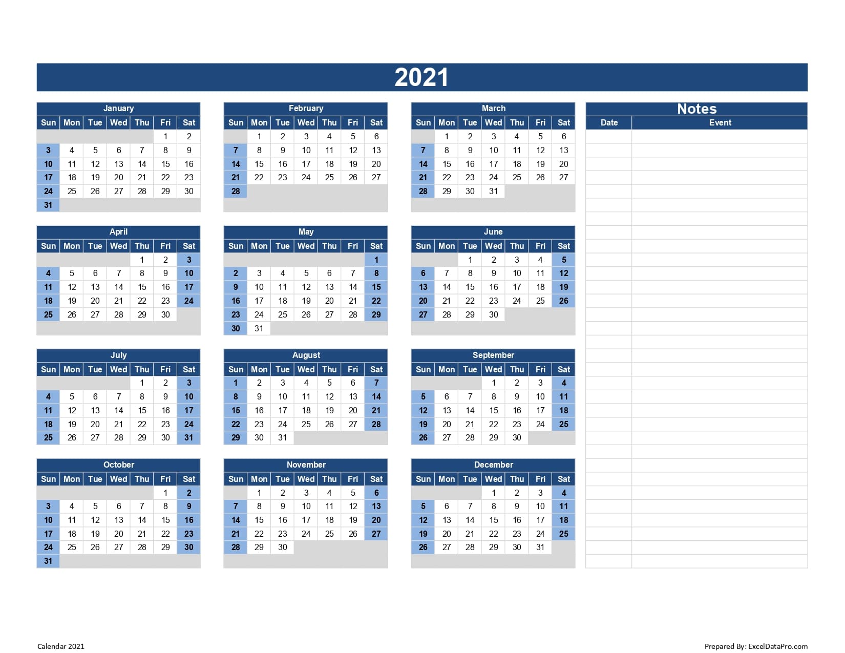 Calendar 2021 Excel Templates, Printable PDFs & Images ...