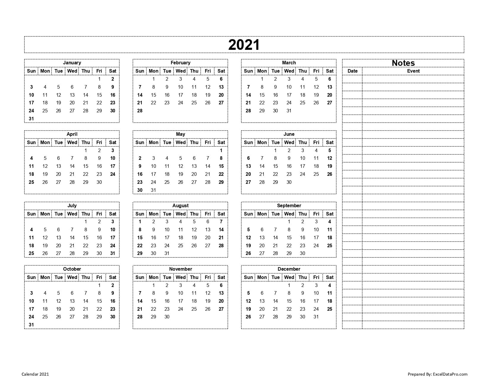 2021 Yearly Calendar With Boxes Calendar Template Printable Images 0643