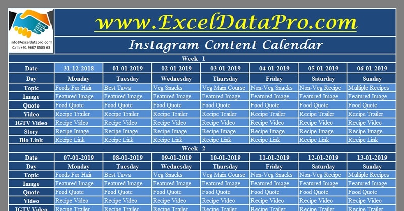 Instagram Content Calendar Excel Template