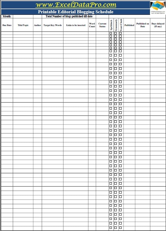 Printable Editorial Blogging Schedule