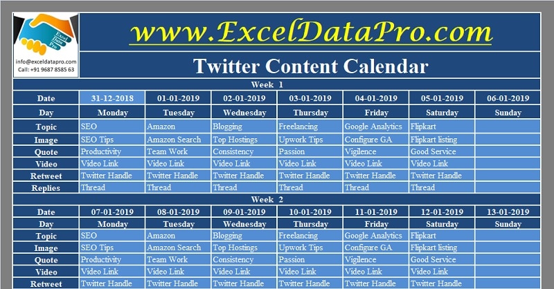 Twitter Content Calendar Excel Template