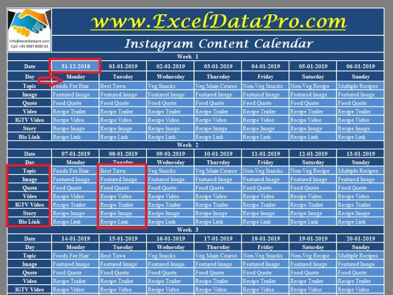Download Instagram Content Calendar Excel Template ExcelDataPro