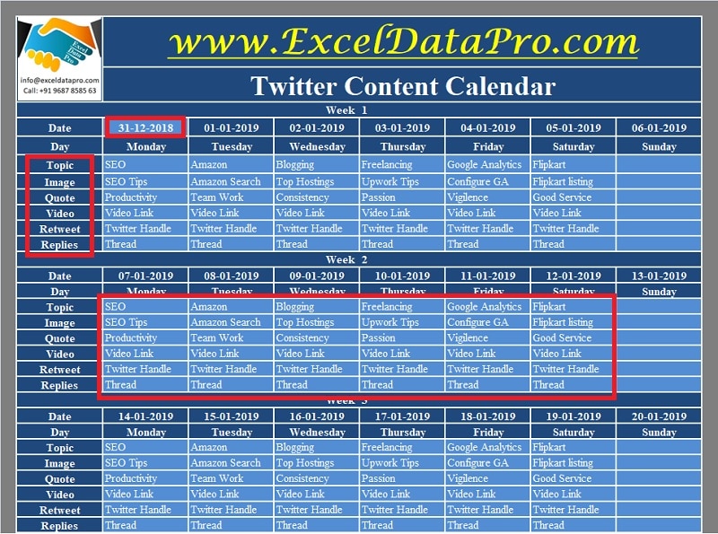 Download Twitter Content Calendar Excel Template ExcelDataPro