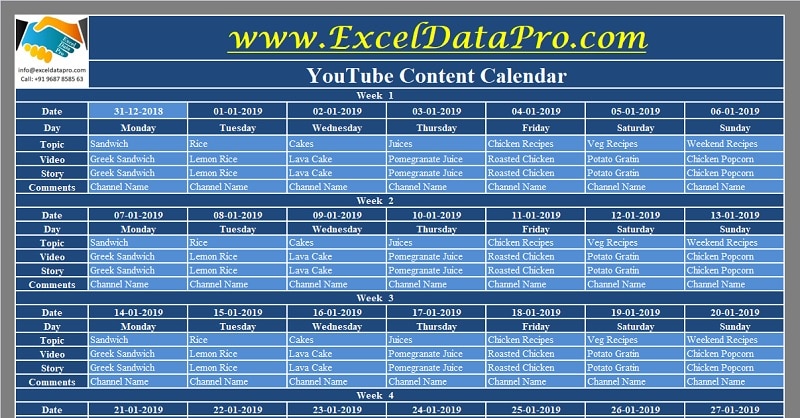 Download YouTube Content Calendar Excel Template ExcelDataPro