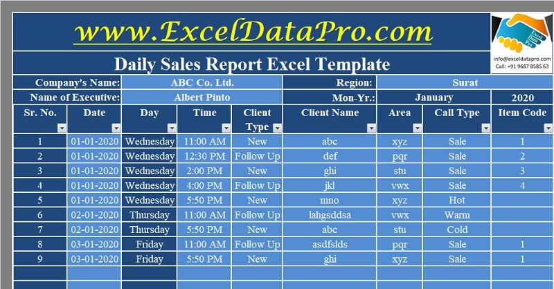 Daily Sales Report Excel Template