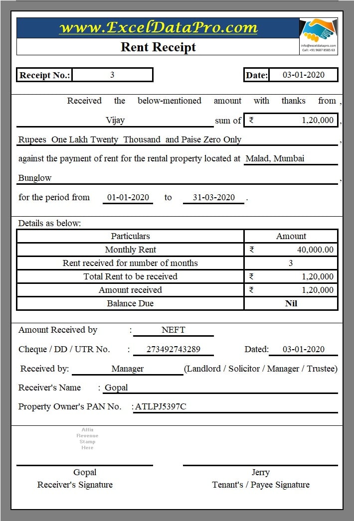 house rent receipt for income tax exemption