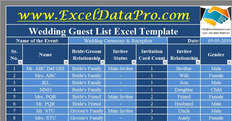 Download Wedding Guest List Excel Template ExcelDataPro