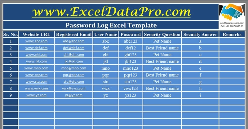 Download Password Log Excel Template