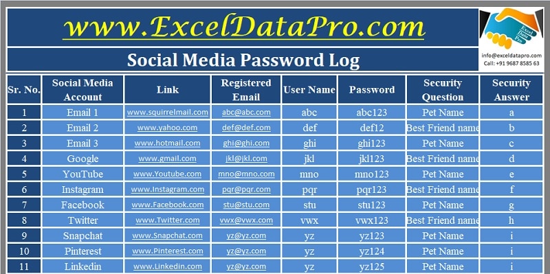 Social Media Password Log