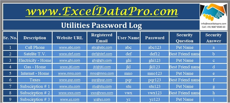 Utility Password Log