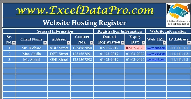 Download Website Hosting Register Excel Template