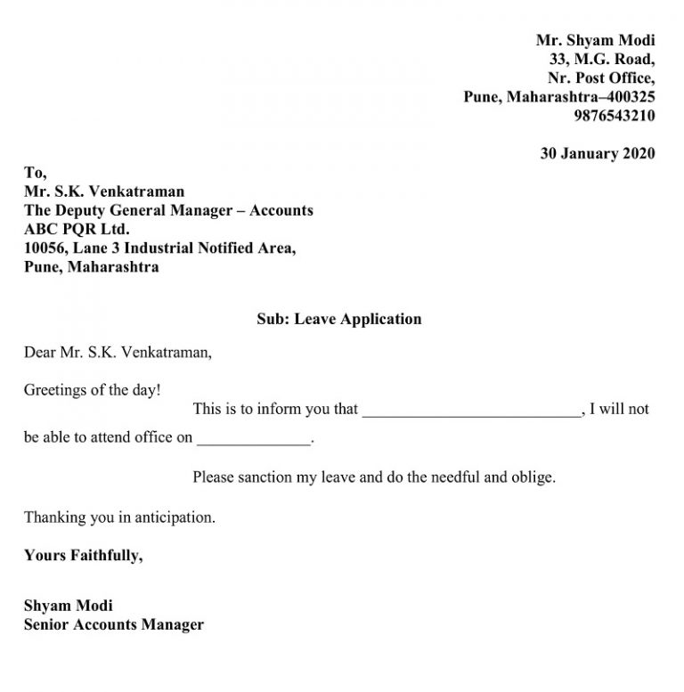 application letter one day leave