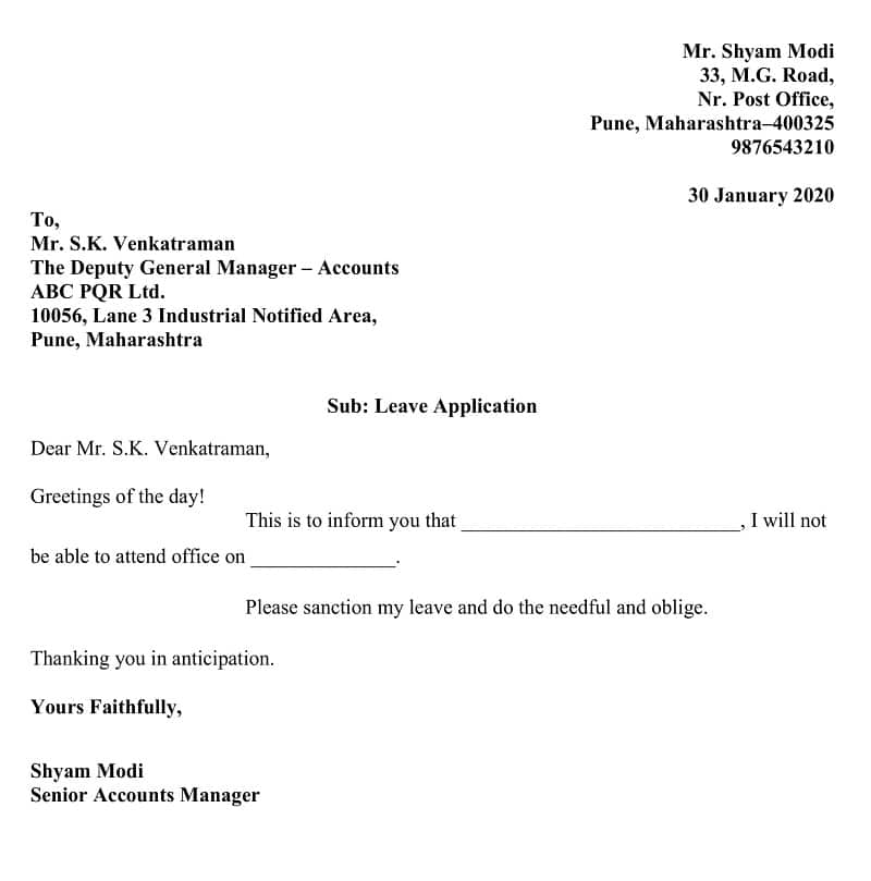 format of application letter for leave