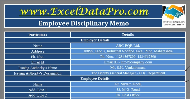 Download Employee Disciplinary Memo Excel Template