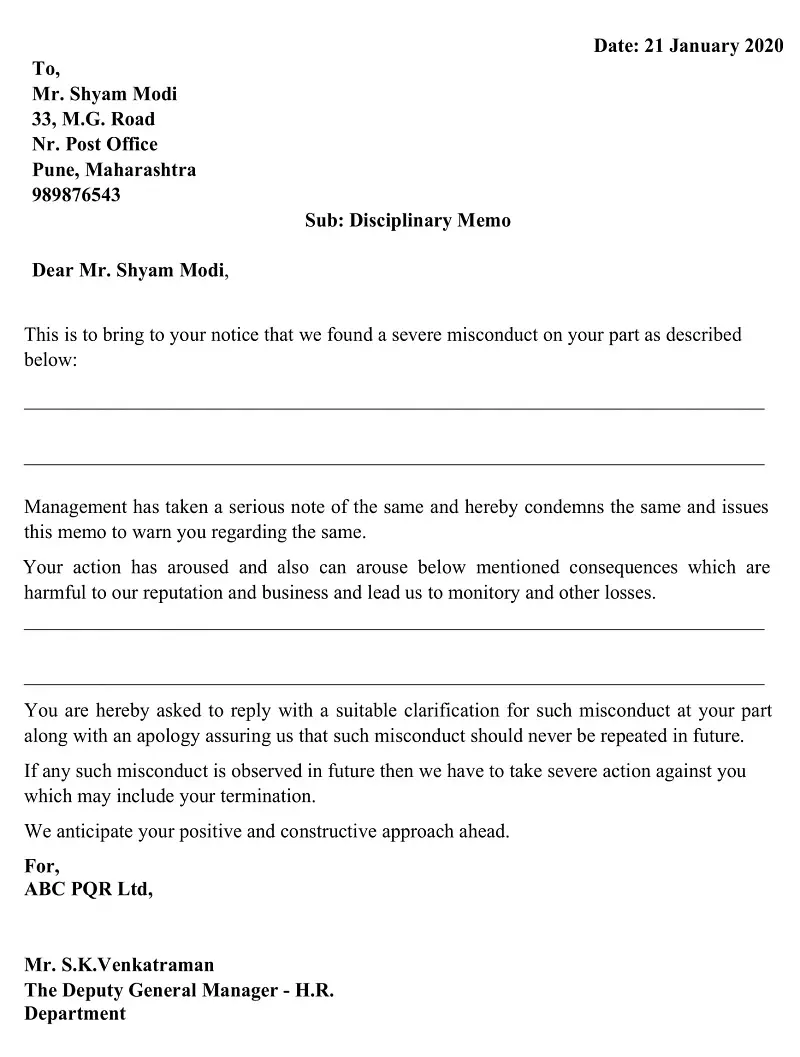 Download Employee Disciplinary Memo Excel Template Exceldatapro