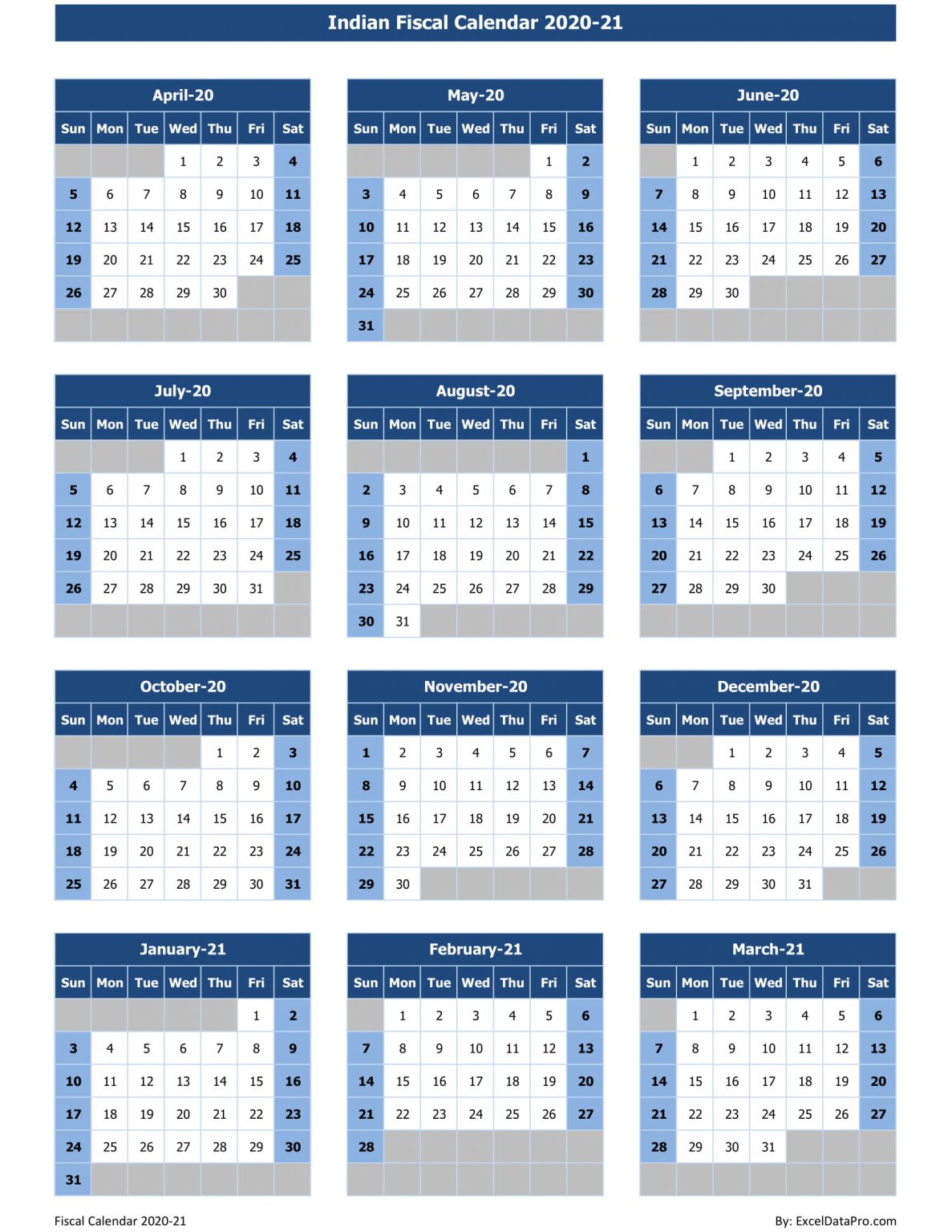 Download Indian Fiscal Calendar 2020-21 Excel Template - ExcelDataPro