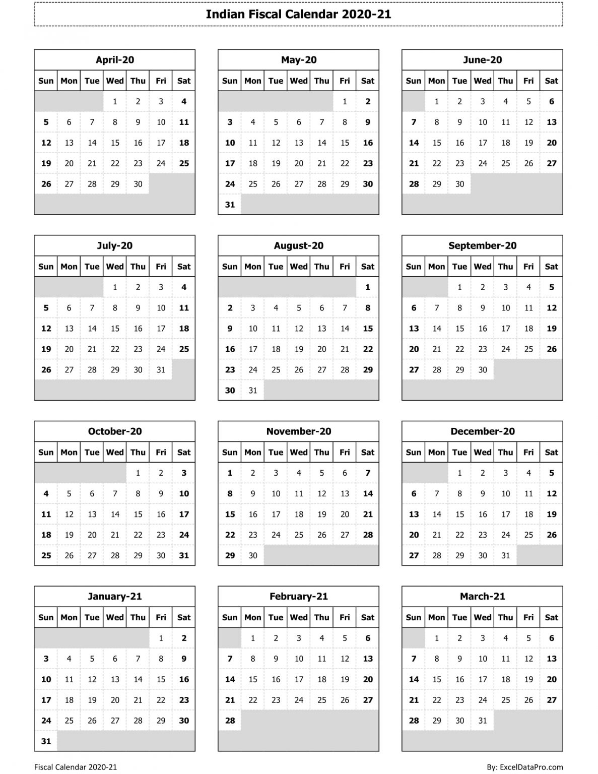 Download Indian Fiscal Calendar 2020-21 Excel Template - ExcelDataPro