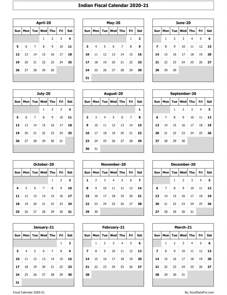 Download Indian Fiscal Calendar 2020-21 Excel Template - ExcelDataPro