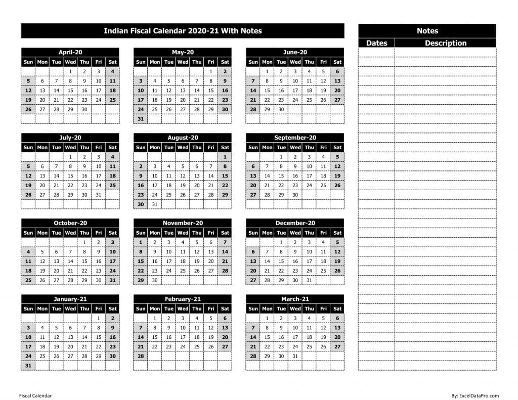 Download Indian Fiscal Calendar 2020 21 With Notes Excel Template