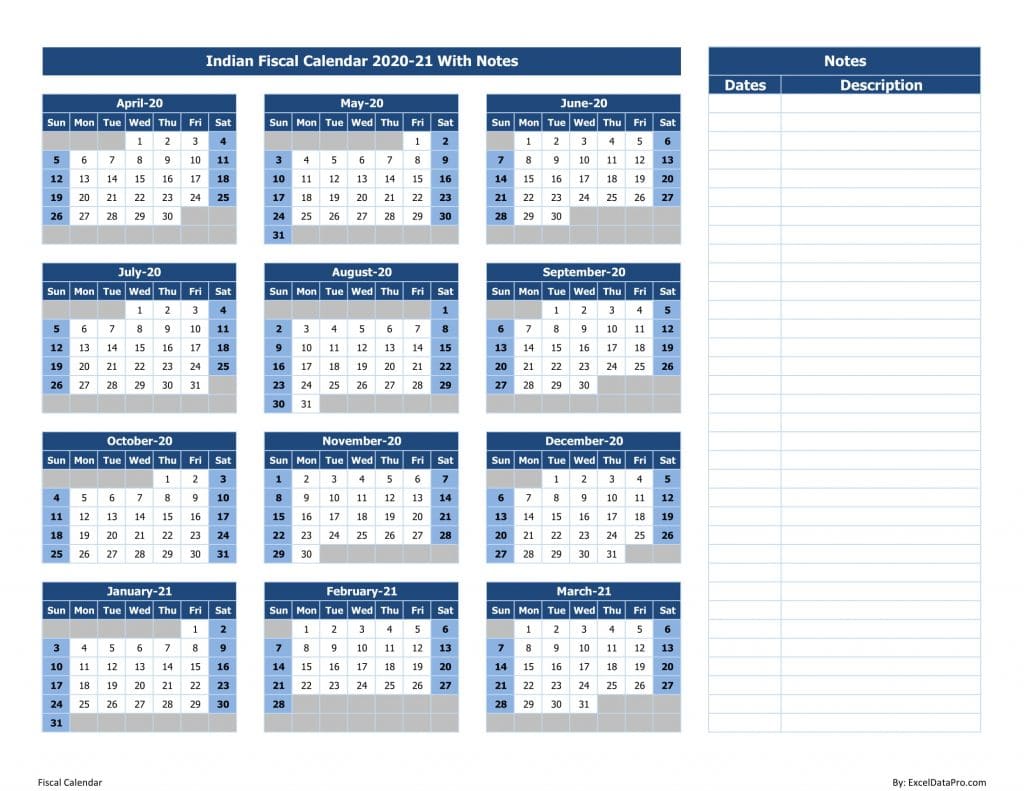 Download Indian Fiscal Calendar 2020-21 With Notes Excel Template 