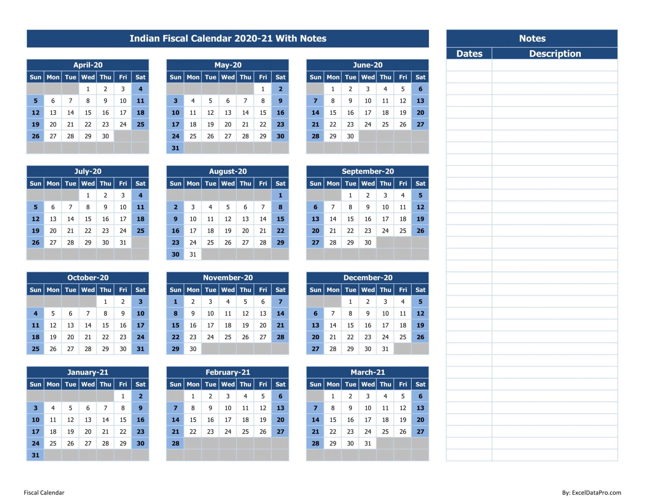 Download Indian Fiscal Calendar 2020 21 With Notes Excel Template 