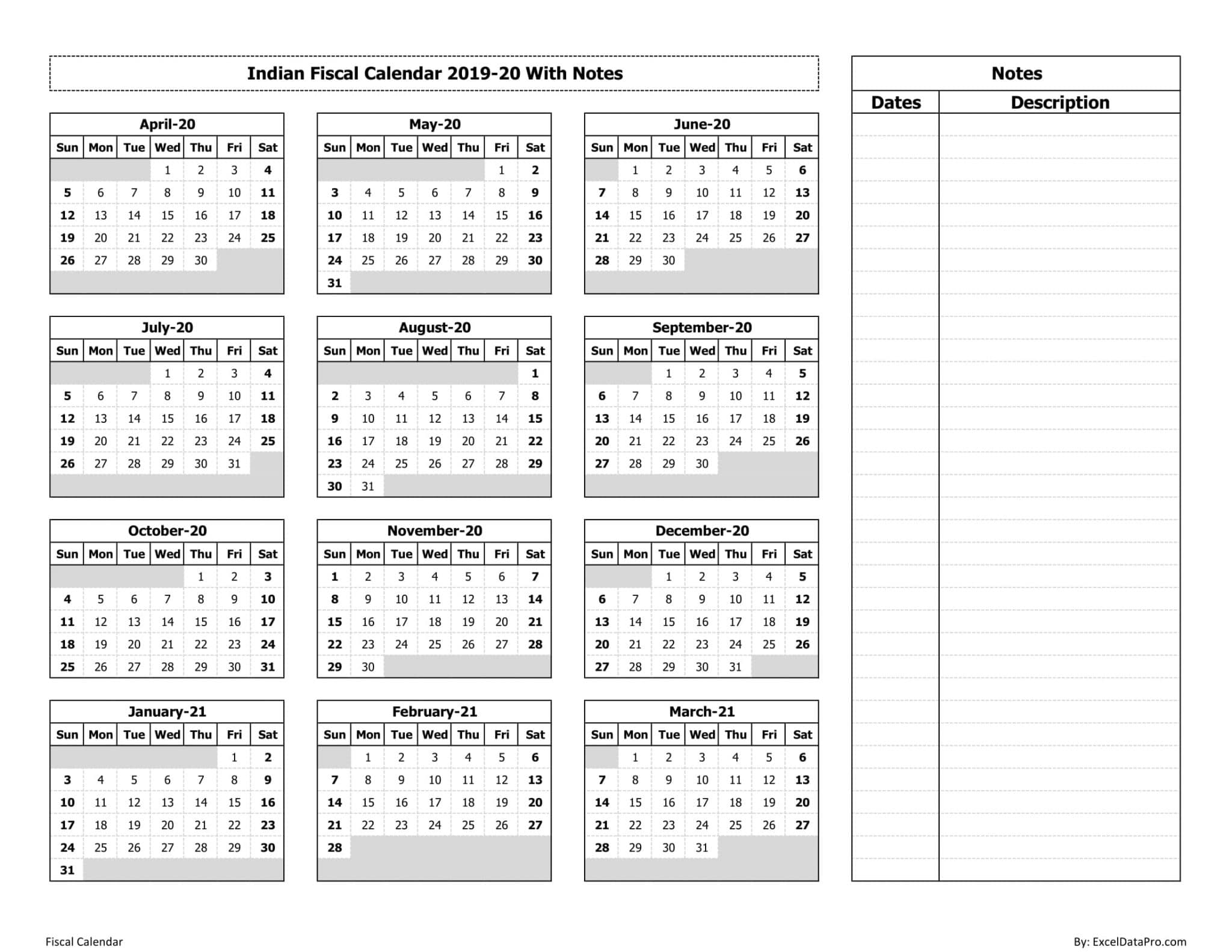 Indian Fiscal Calendar 2020-21 With Notes