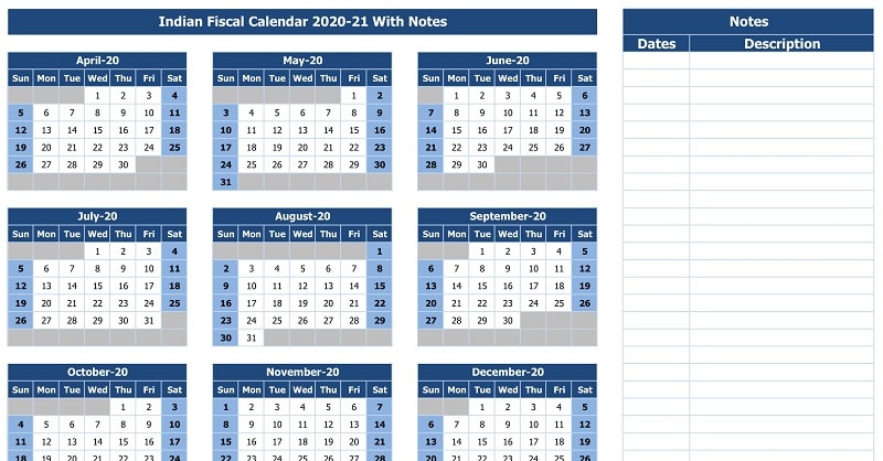 Download Indian Fiscal Calendar 2020-21 With Notes Excel Template