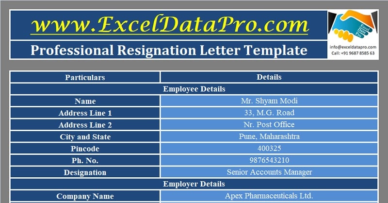 Professional Resignation Letter Excel Template