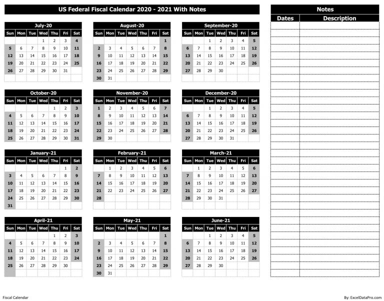 Download US Federal Fiscal Calendar 202021 With Notes Excel Template