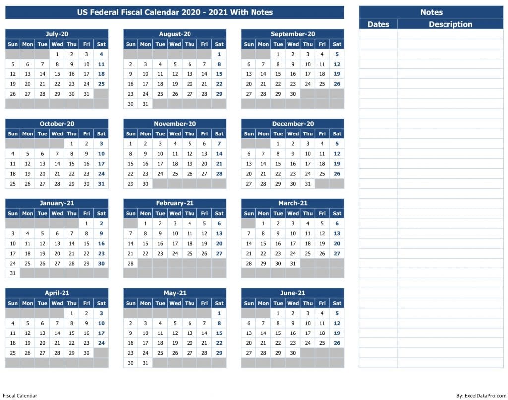 Download US Federal Fiscal Calendar 2020-21 With Notes Excel Template ...