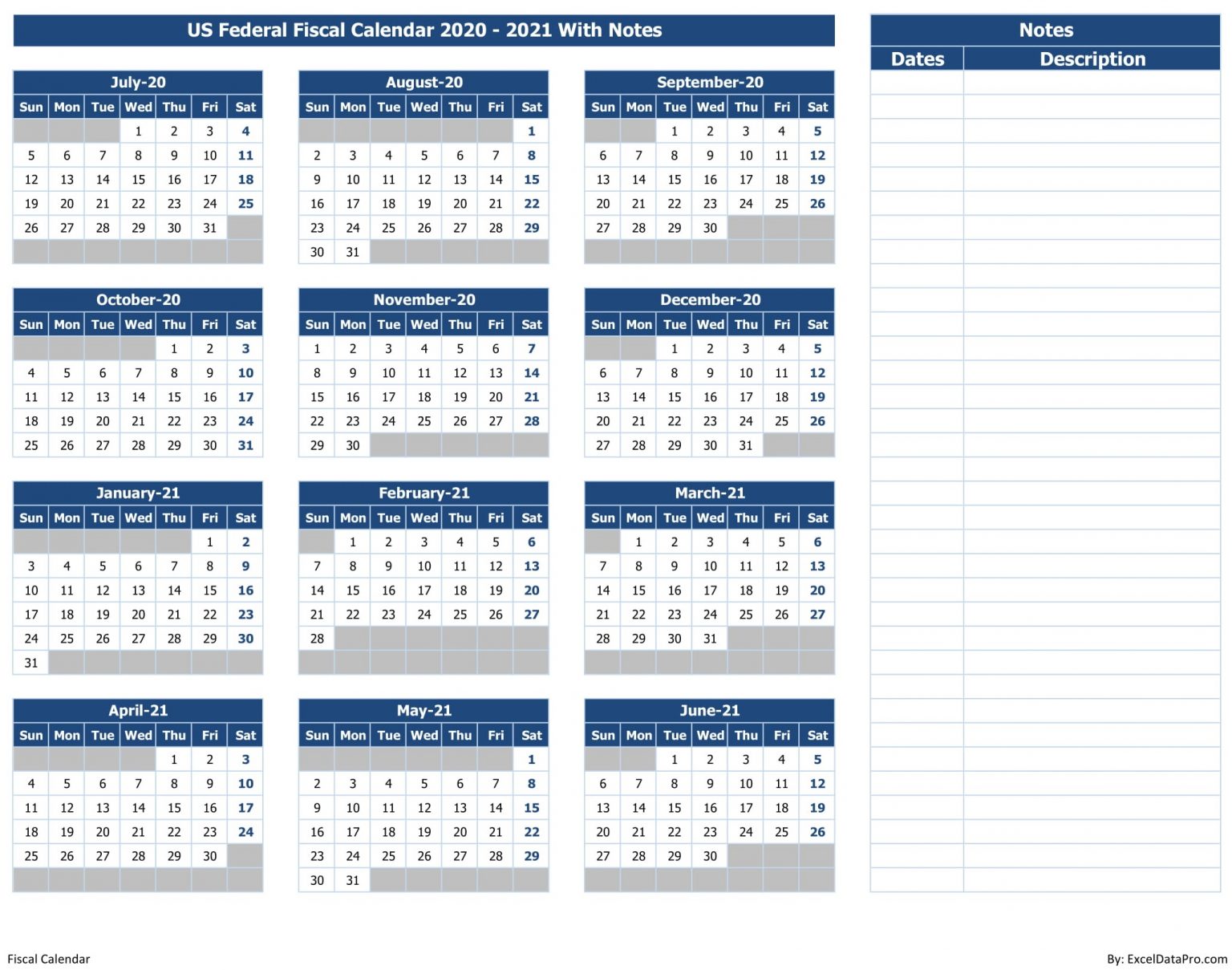 Download US Federal Fiscal Calendar 2020-21 With Notes Excel Template ...
