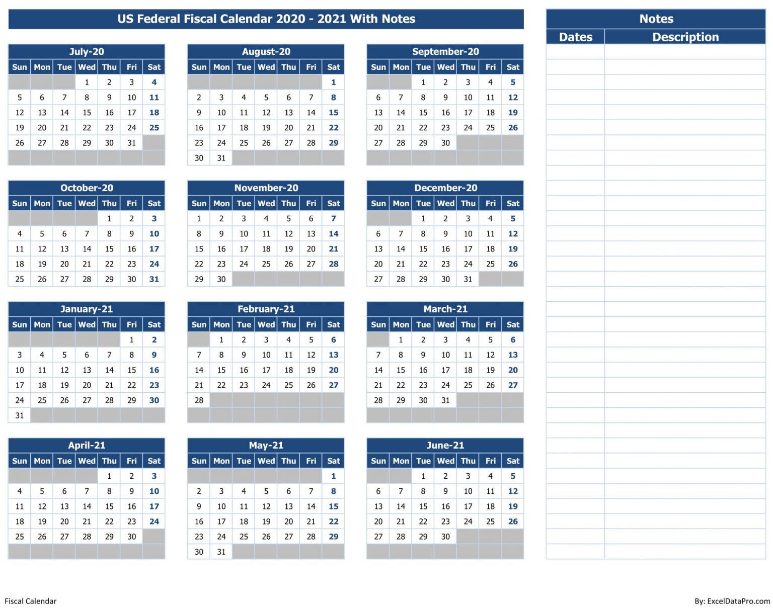 Download US Federal Fiscal Calendar 202021 With Notes Excel Template