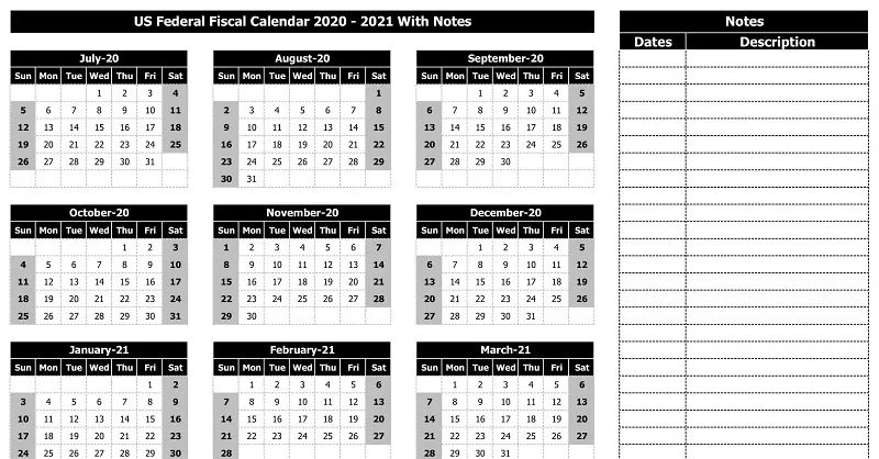download us federal fiscal calendar 2020 21 excel template exceldatapro