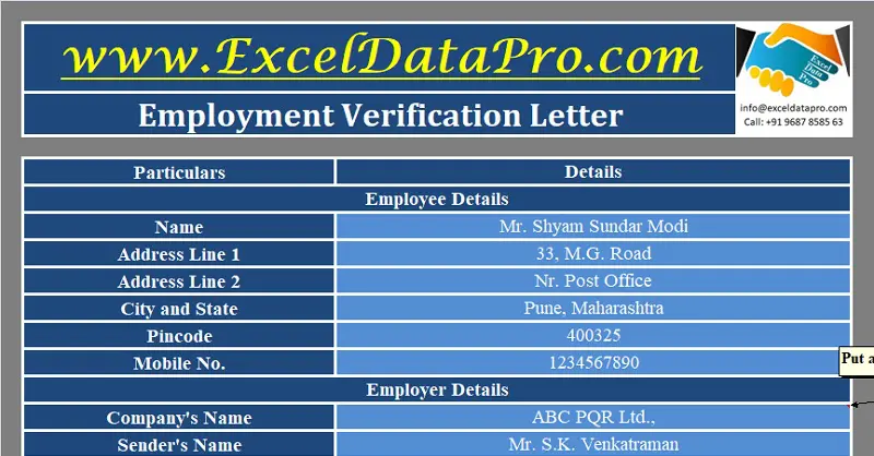 download employment verification letter excel template exceldatapro