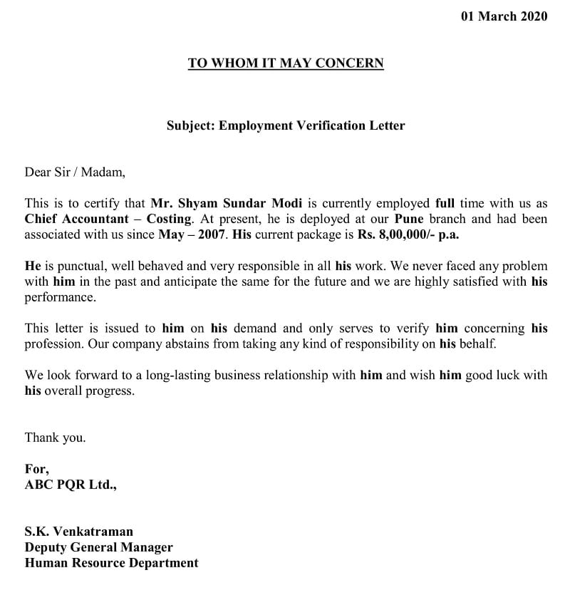 Letter Of Employment Verification Template - Cover Letter