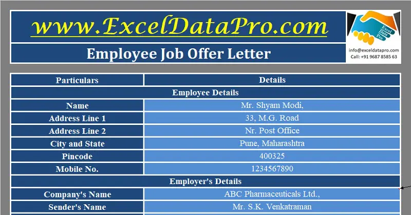 Download Job Offer Letter Excel Template Exceldatapro