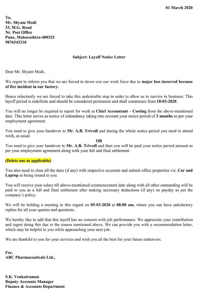 Download Layoff Notice Letter Excel Template - ExcelDataPro