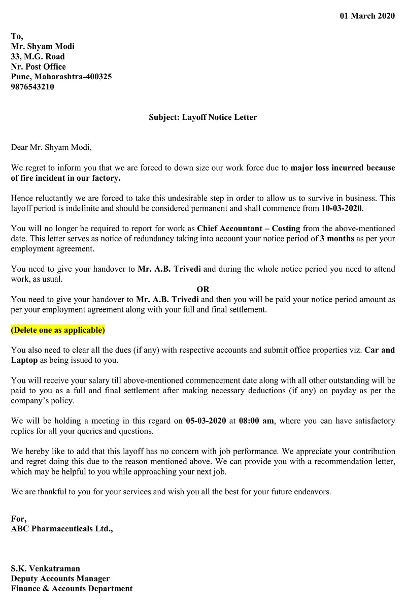 Download Layoff Notice Letter Excel Template - ExcelDataPro Throughout Retrenchment Letter Template