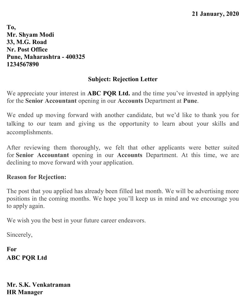 job rejection letter no vacancies