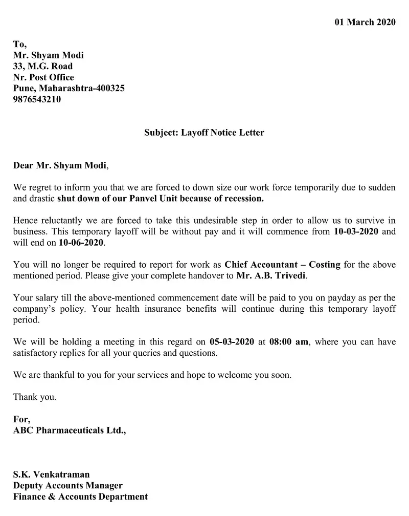 Download Layoff Notice Letter Excel Template - ExcelDataPro