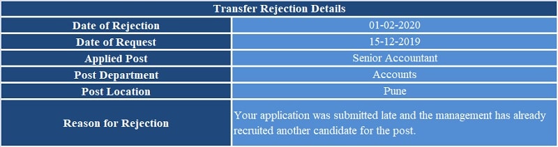 Transfer Rejection Letter