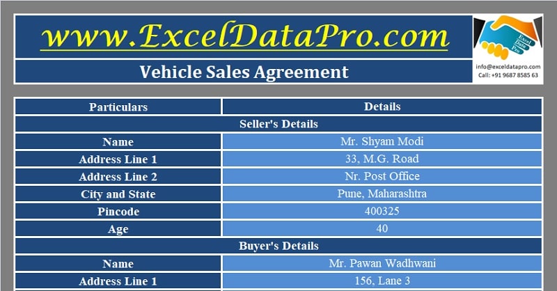 Download Vehicle Sales Agreement Excel Template