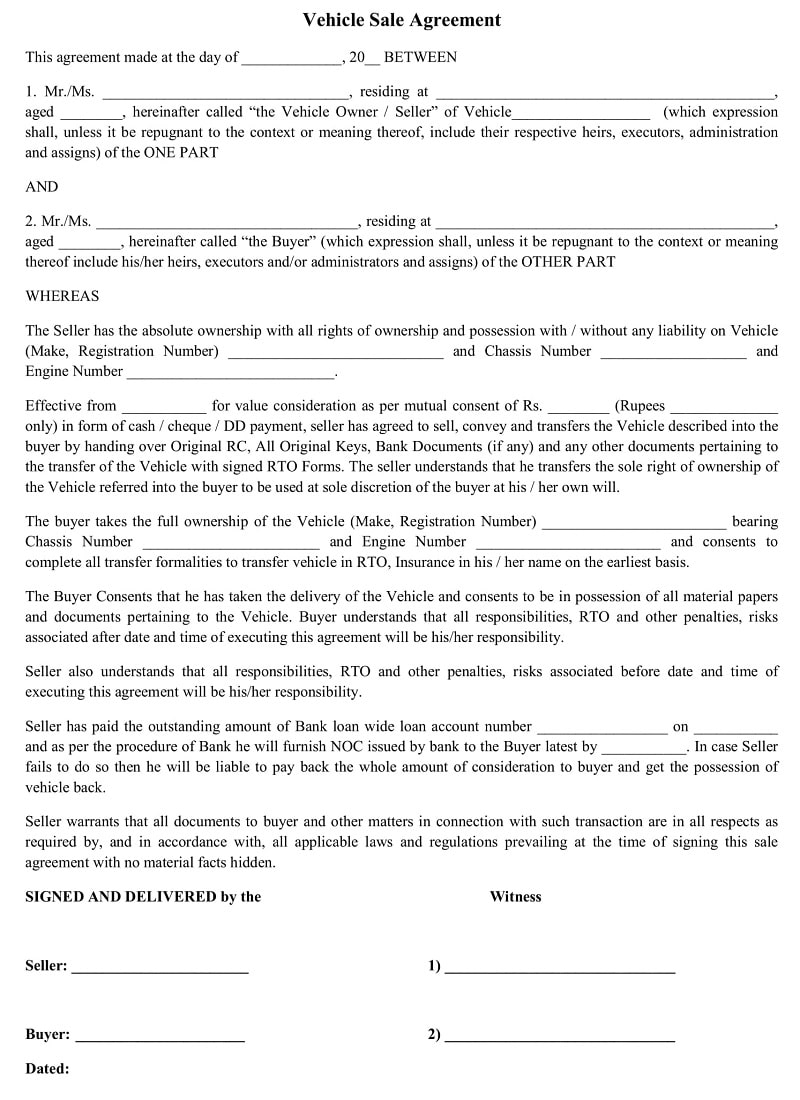 Used Vehicle Sales Agreement Template